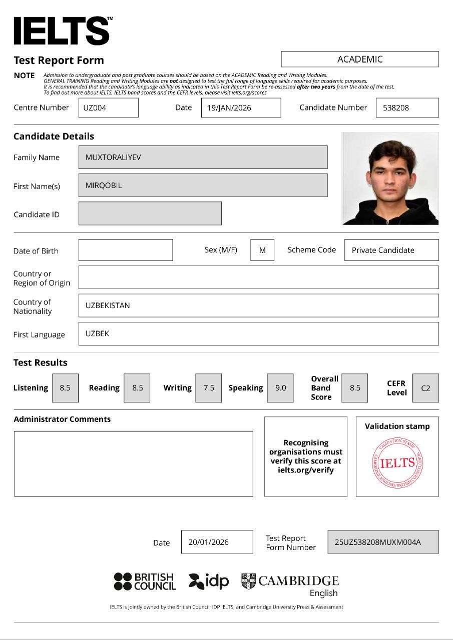 Mirqobil Muxtoraliyev IELTS Test Report Form